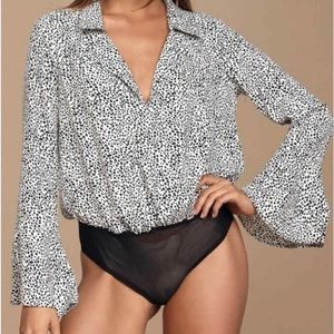 Lulu’s Always Lovely Ivory & Black Dotted Print Long Sleeve Bodysuit Size Small